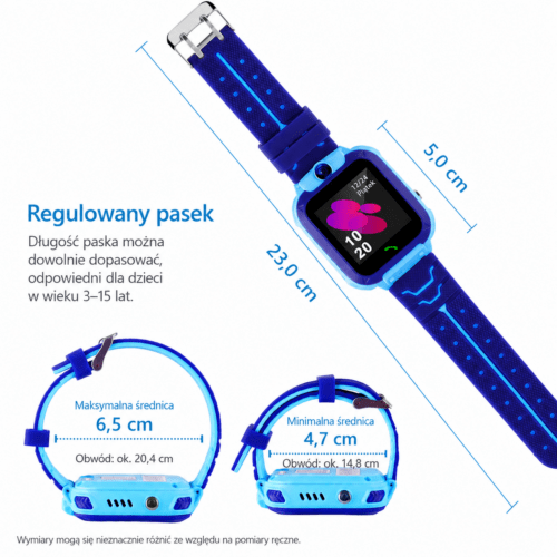 Wymiary i regulacja paska Niezgubki GPS – obwód nadgarstka 14,5–19 cm