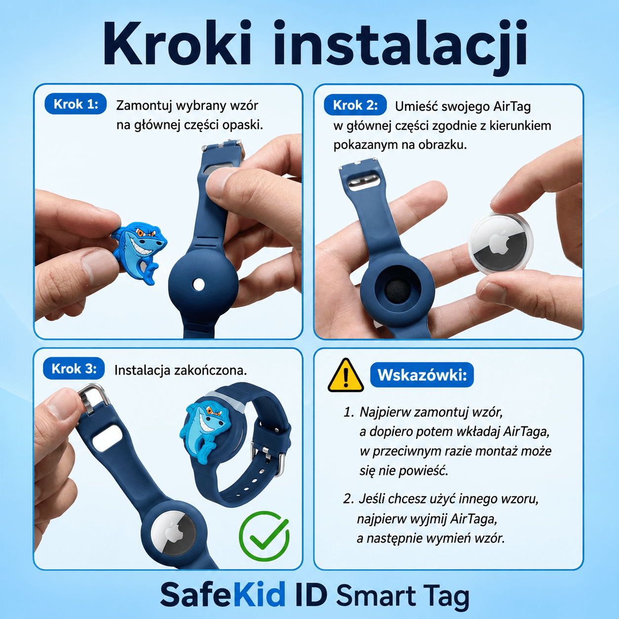 Kroki instalacji Smart Tag w opasce Niezgubki - montaż wzoru i lokalizatora