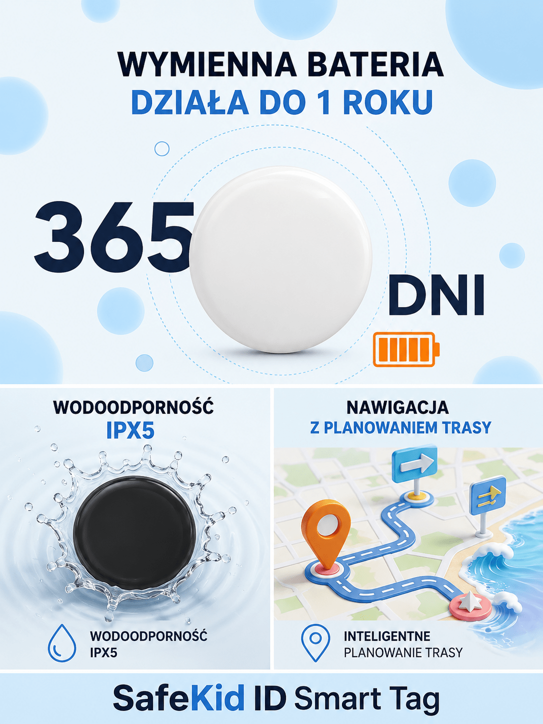 SafeKid ID Smart Tag - wymienna bateria na do 365 dni, wodoodporność IPX5 i nawigacja